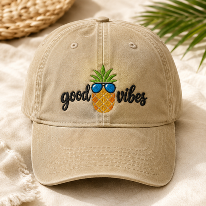 Good Vibes Pineapple Washed Cap, Tropical Vacation Hat - Washed Cap - lifestyle view 2