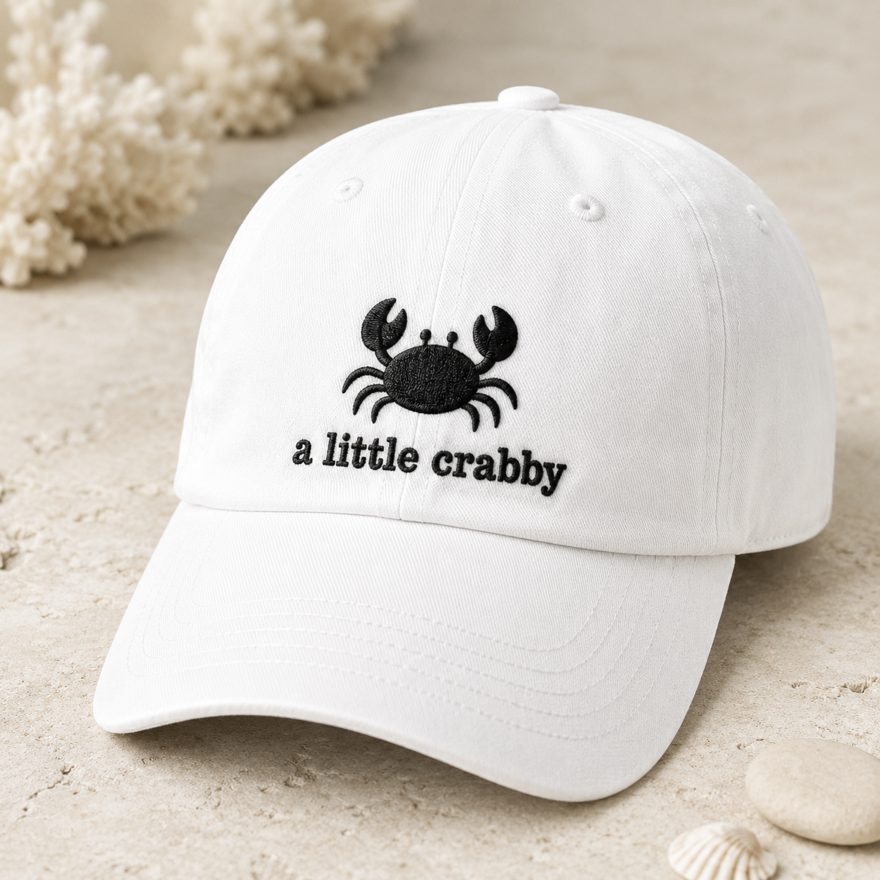 A Little Crabby Crab Washed Cap, Funny Embroidered Beach Hat for Coastal Mood Gift - Washed Cap - front view