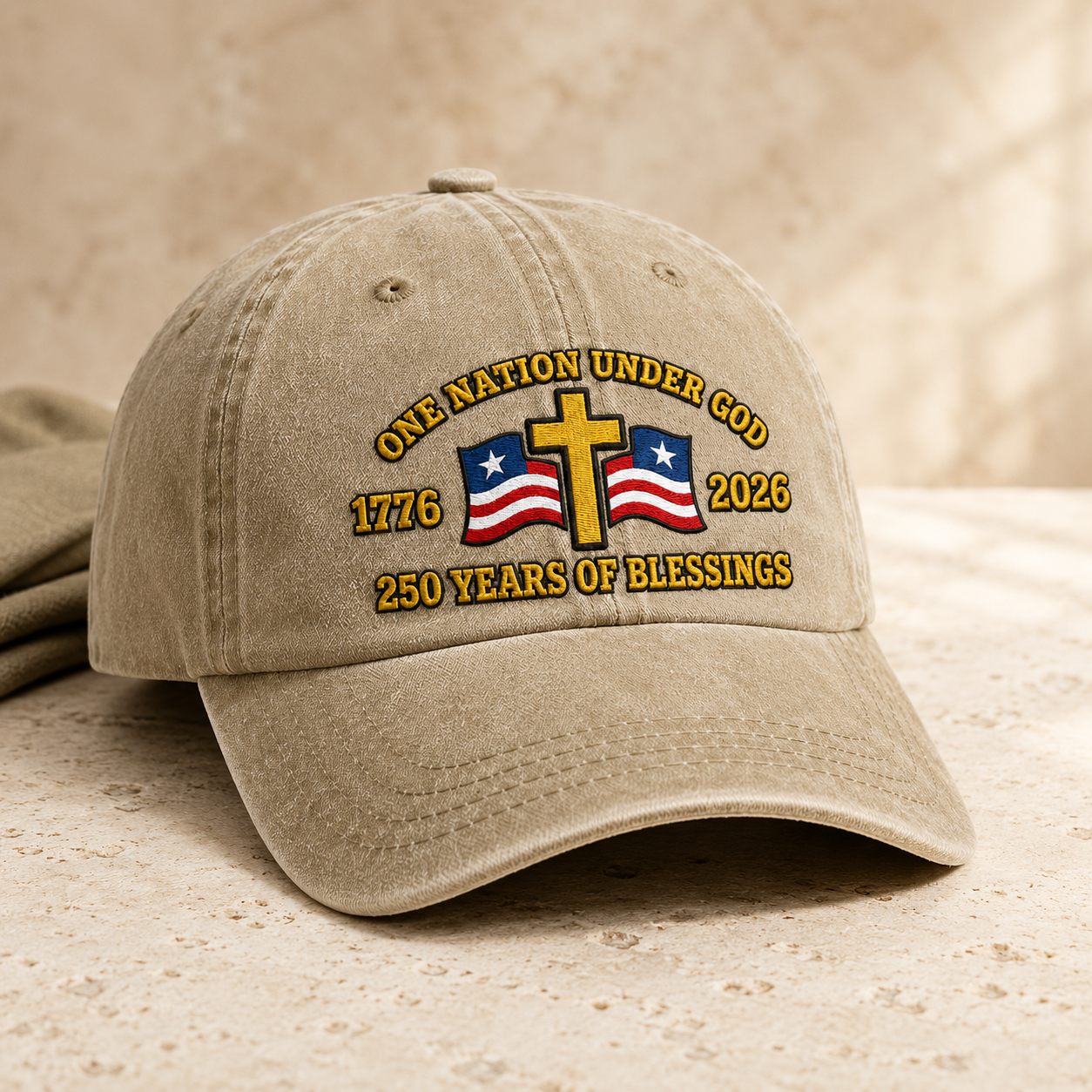 One Nation Under God Washed Cap, 1776 2026 250 Years of Blessings Patriotic Christian Hat - washed cap - lifestyle view 2