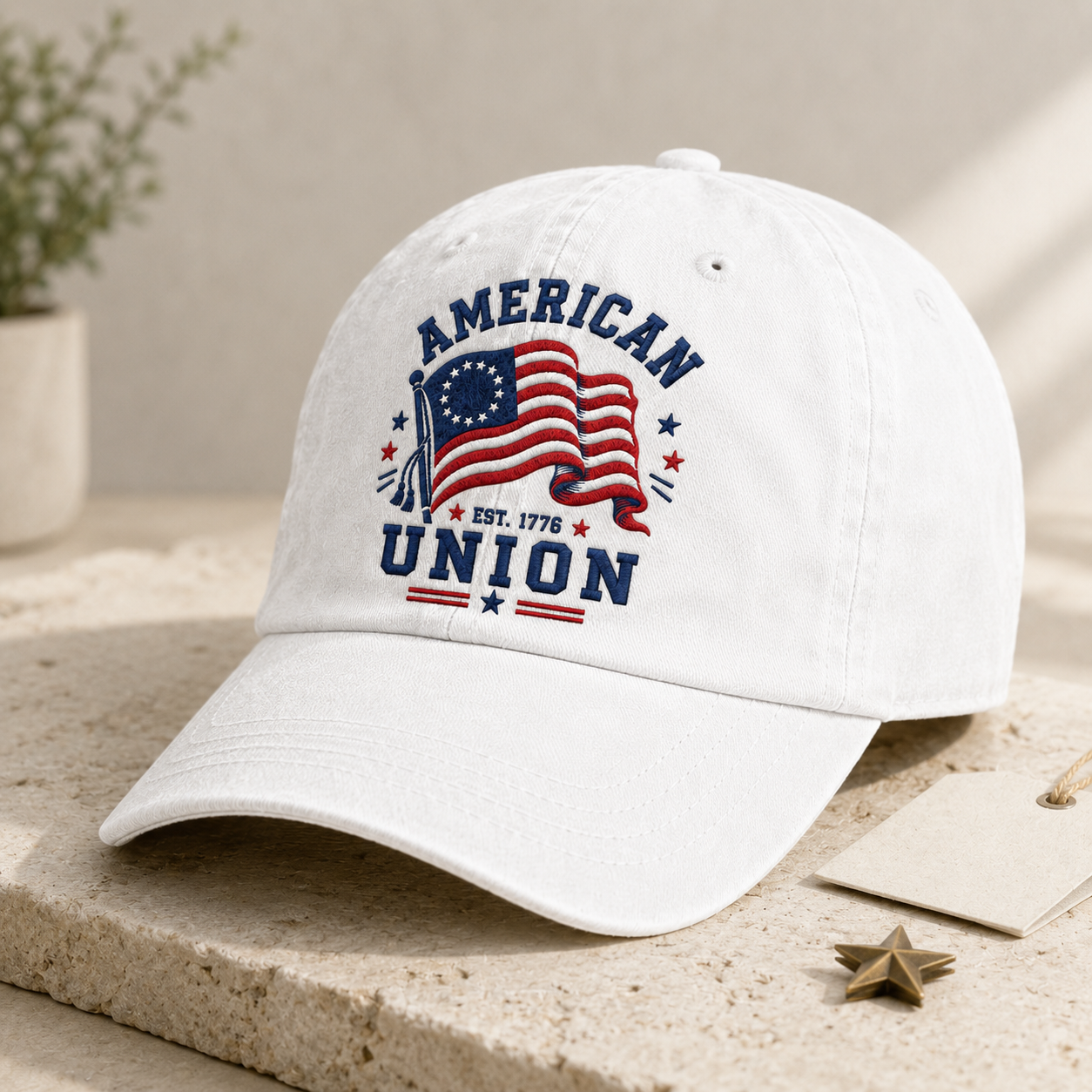 American Union Washed Cap, Est. 1776 Flag Design, Patriotic Embroidered Dad Hat - washed cap - lifestyle view 2