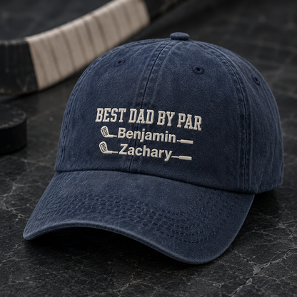 Dad By Par Washed Cap, Golf Dad Hat, Personalized Kids Names Father's Day Gift - Washed Cap - detail view