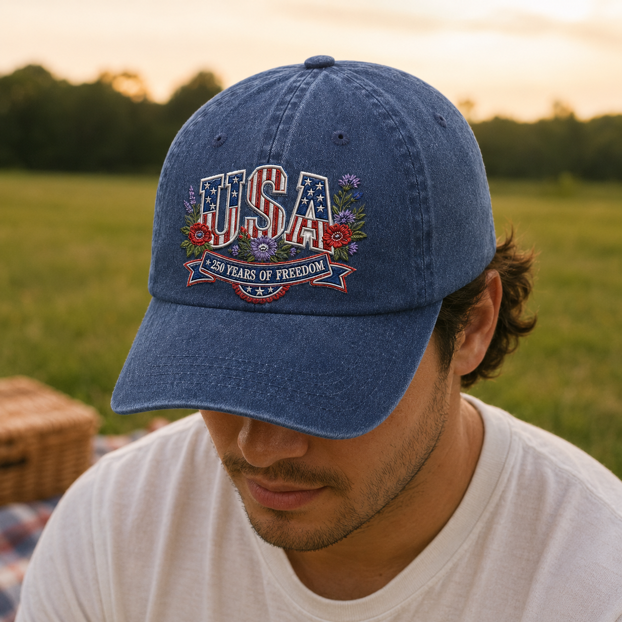 USA 250 Years of Freedom Washed Cap, Patriotic America Hat for 4th of July - washed cap - detail view