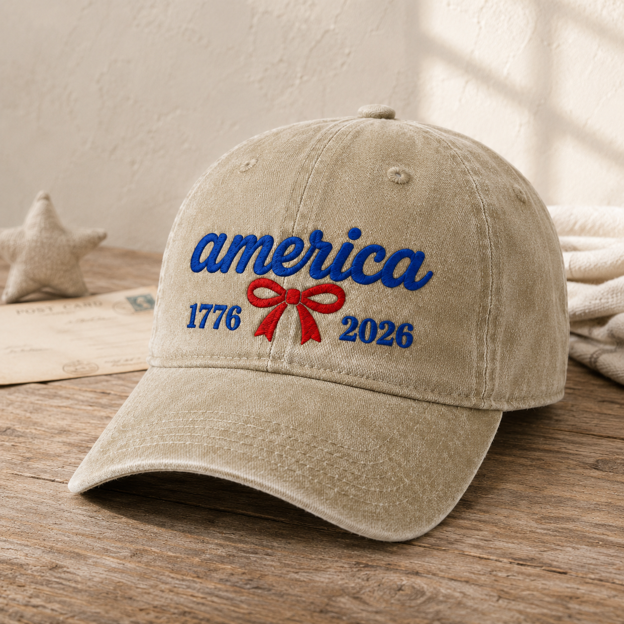 America 1776 2026 Washed Cap, Red Bow Patriotic Dad Hat for 250th Birthday - washed cap - lifestyle view 2