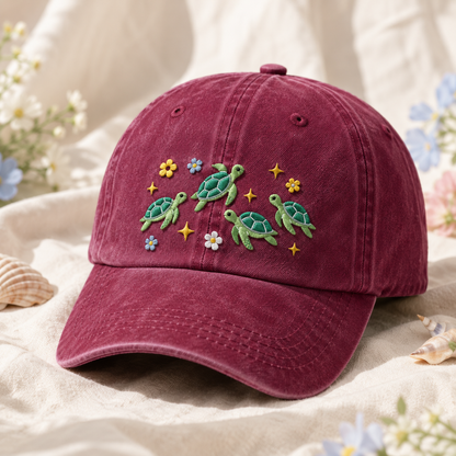 Sea Turtle Embroidered Washed Cap, Coastal Floral Dad Hat - Washed Cap - lifestyle view 2