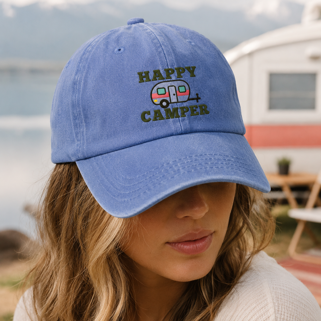 Happy Camper Washed Cap, Embroidered Rv Trailer Hat for Outdoor Road Trips - Washed Cap - lifestyle view 4