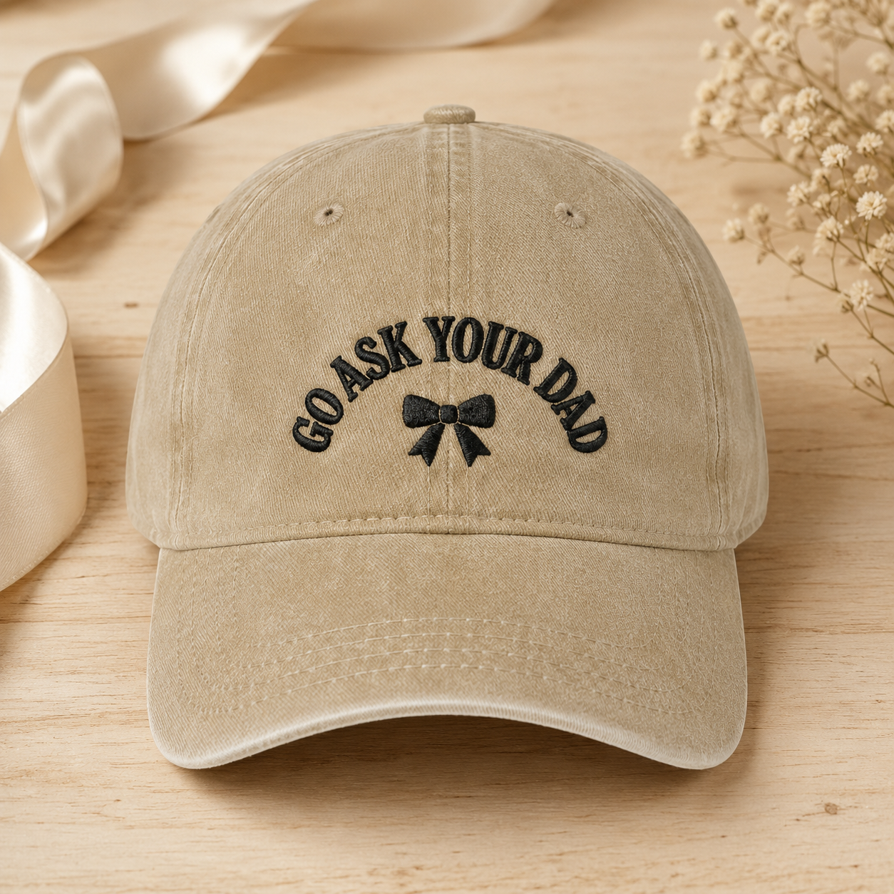 Go Ask Your Dad Washed Cap, Funny Dad Hat with Black Bow Embroidery - Washed Cap - front view