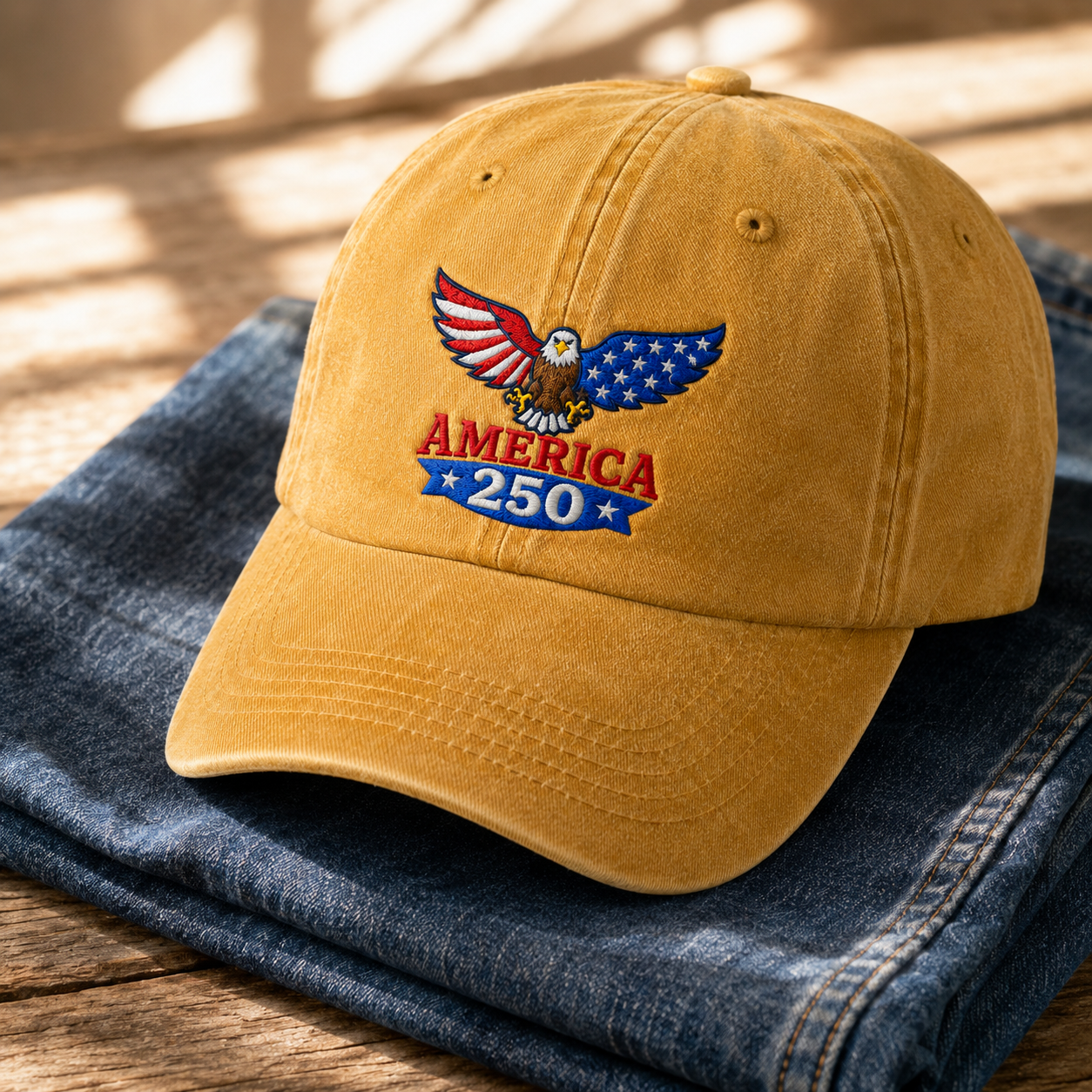 America 250 Eagle Washed Cap, Patriotic Bald Eagle 250th Anniversary Hat - washed cap - lifestyle view 5