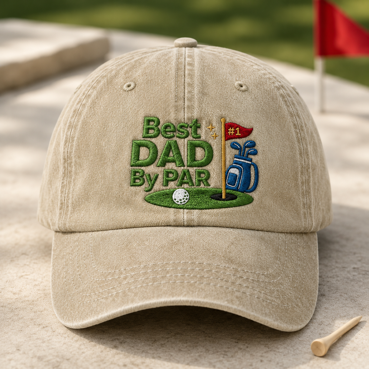 Best Dad By Par Washed Cap, Funny Golf Father Embroidered Hat - Washed Cap - detail view