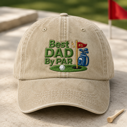 Best Dad By Par Washed Cap, Funny Golf Father Embroidered Hat - Washed Cap - detail view