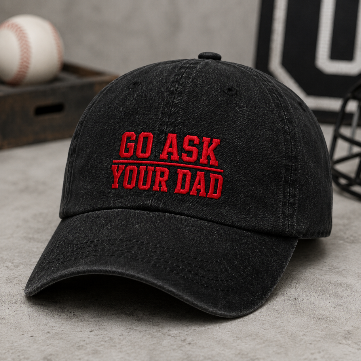 Go Ask Your Dad Washed Cap, Funny Father's Day Baseball Hat - Washed Cap - detail view