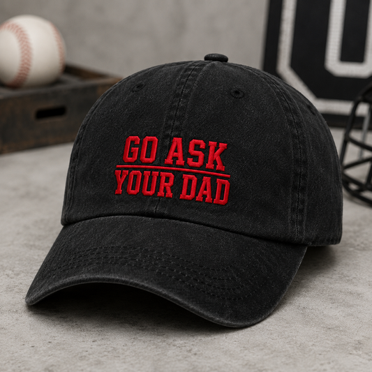 Go Ask Your Dad Washed Cap, Funny Father's Day Baseball Hat - Washed Cap - detail view