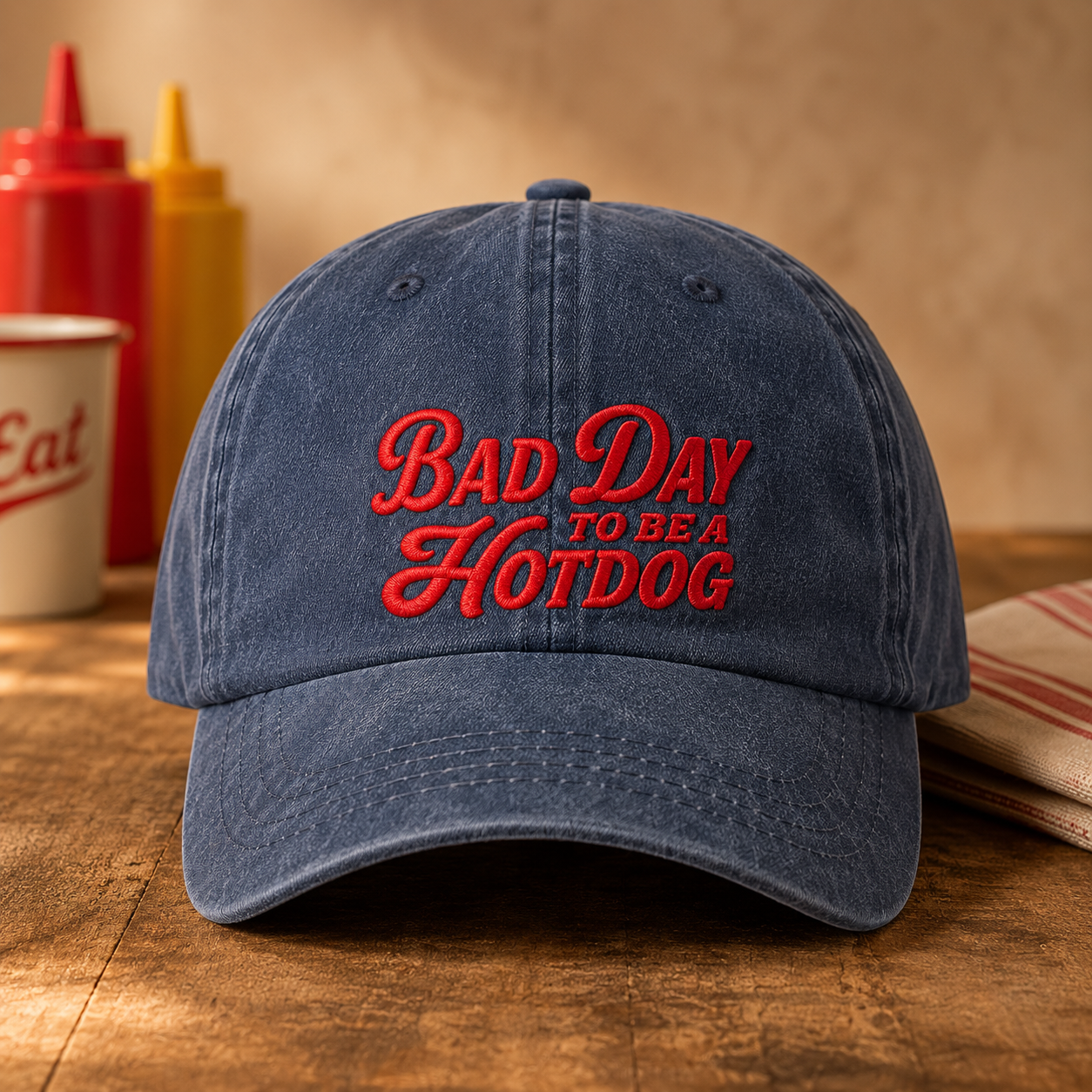 Bad Day To Be A Hotdog Washed Cap, Funny Diner Hat - washed cap - front view