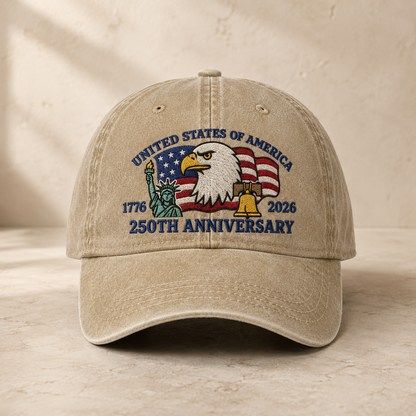 United States of America 250th Anniversary Washed Cap, 1776 2026 Patriotic Eagle Hat - washed cap - front view