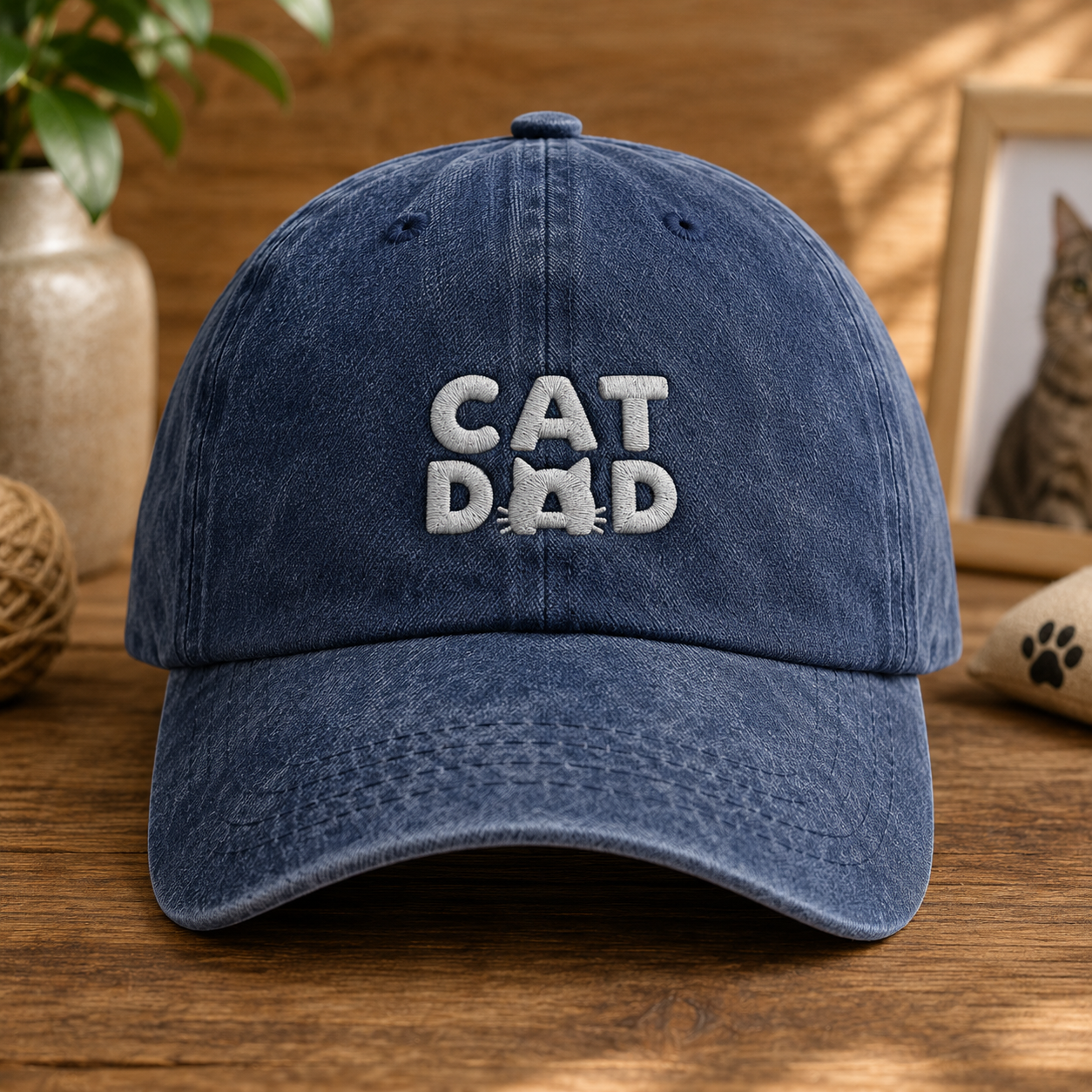 Cat Dad Embroidered Washed Cap, Cat Owner Baseball Hat - Washed Cap - front view