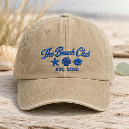 The Beach Club Washed Cap, Embroidered Coastal Hat with Est 2026 Seashell Art - Washed Cap - front view
