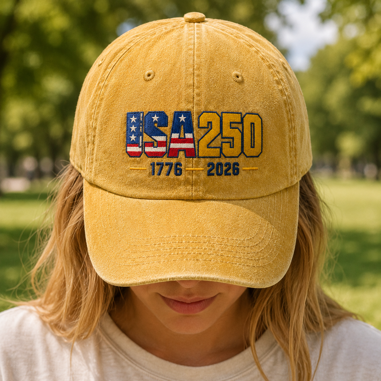 USA250 Washed Cap, 1776 2026 Patriotic America 250 Hat - washed cap - lifestyle view 7