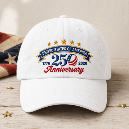 United States of America 250 Anniversary Washed Cap, 1776 2026 Patriotic Baseball Hat - washed cap - front view