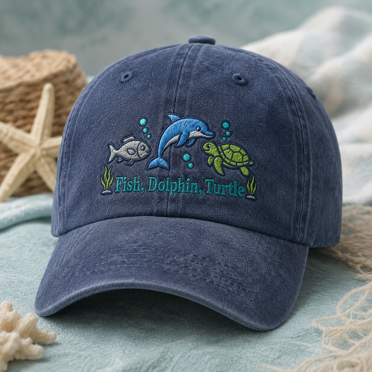Fish, Dolphin, Turtle Washed Cap, Ocean Animal Embroidered Hat for Sea Life Lovers - Washed Cap - lifestyle view 2
