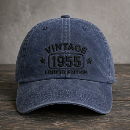 Vintage 1955 Limited Edition Washed Cap, 70th Birthday Hat for Men Women - Washed Cap - front view