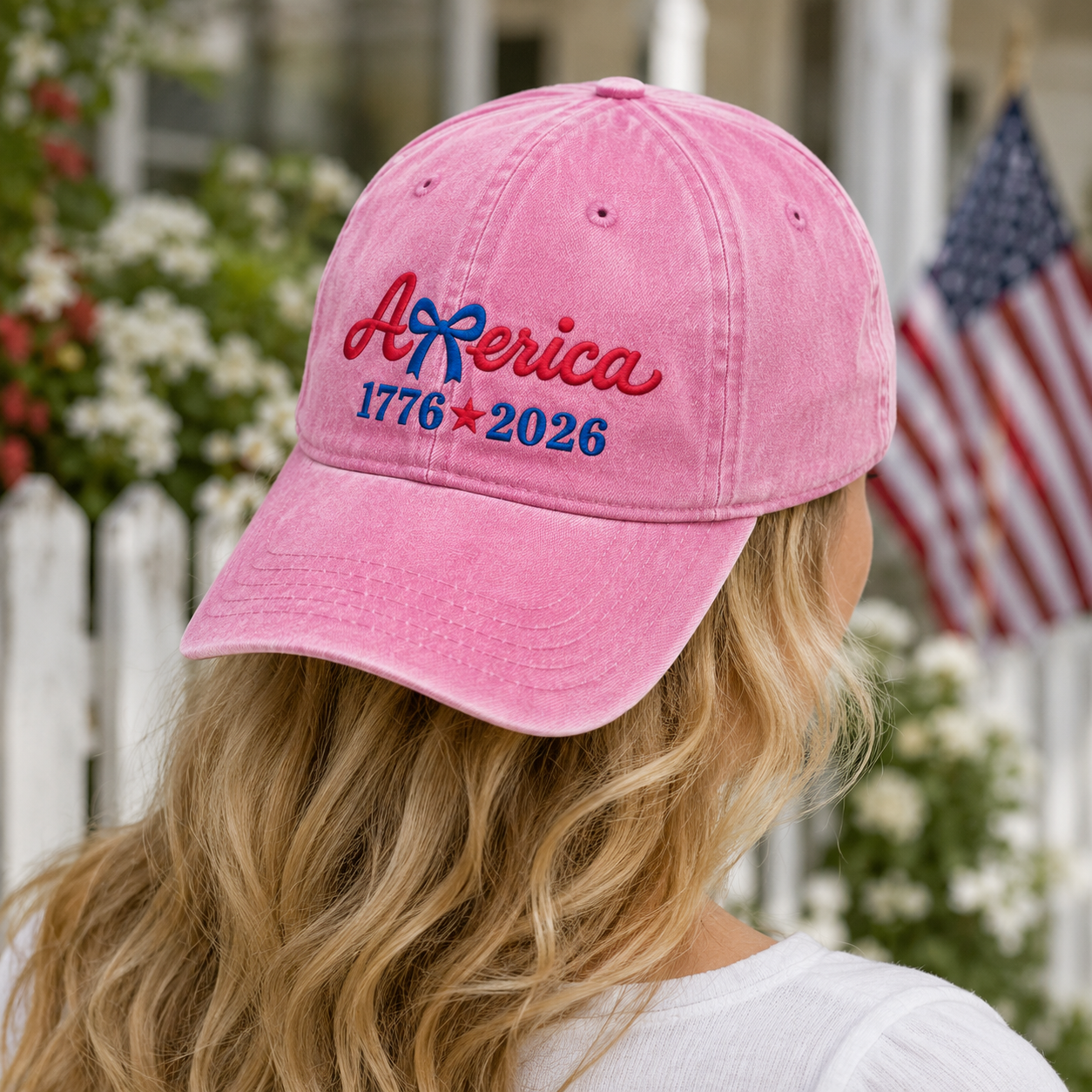 America 1776 2026 Bow Washed Cap, Patriotic Embroidered Hat for USA Birthday - washed cap - lifestyle view 8