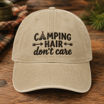 Camping Hair Don't Care Washed Cap, Funny Camp Hat for Outdoor Women - Washed Cap - front view