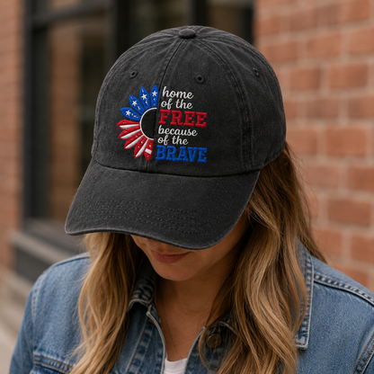Home of the Free Because of the Brave Washed Cap, Patriotic Sunflower Military Gift - washed cap - lifestyle view 6