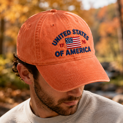 United States of America Washed Cap, 1776 Embroidered Flag Baseball Hat, Patriotic Gift - washed cap - lifestyle view 7