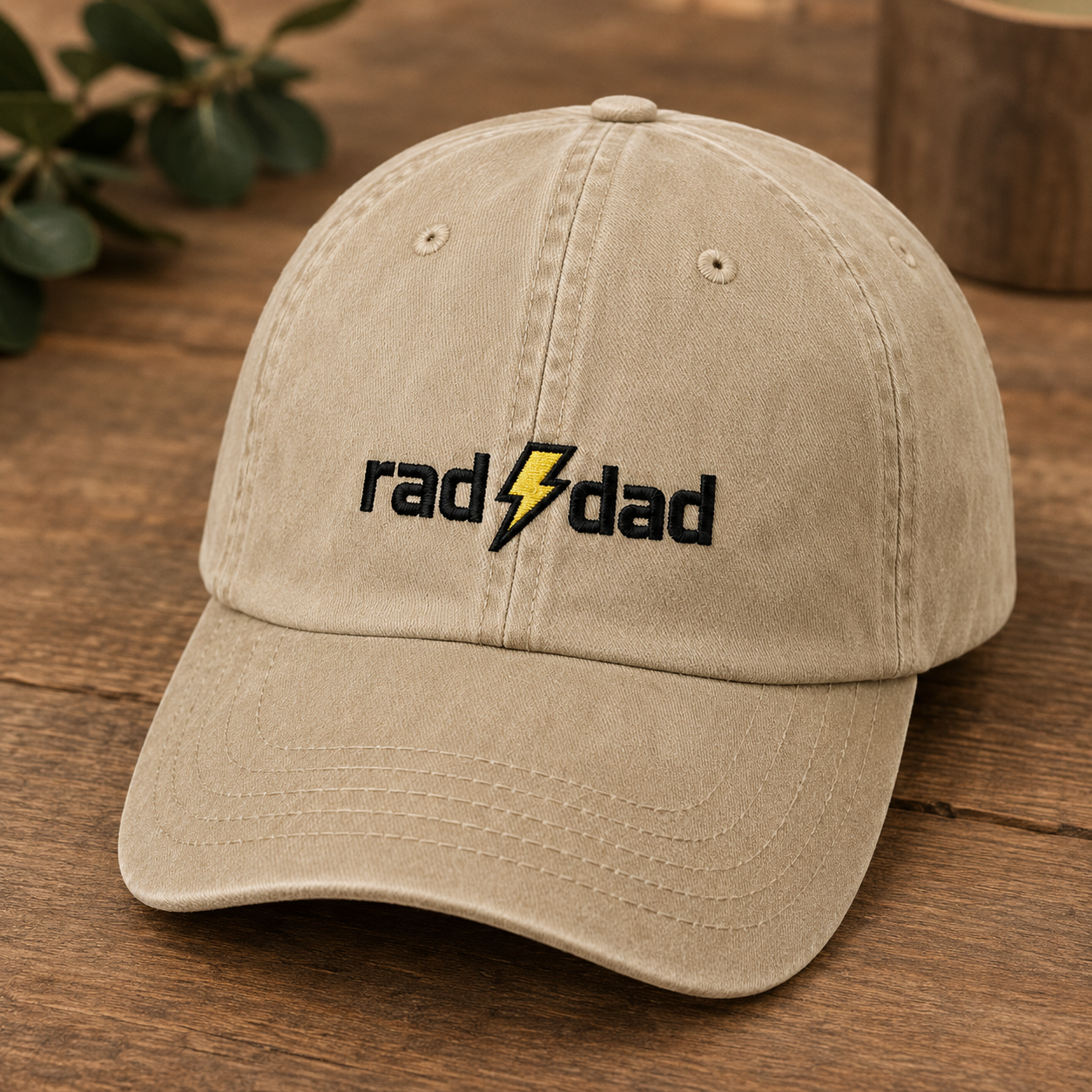 Rad Dad Baseball Cap, Yellow Bolt Embroidered Father Gift - Washed Cap - detail view