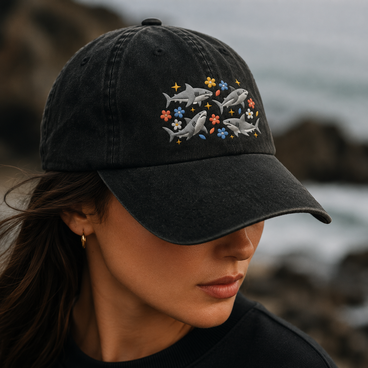 Floral Shark Washed Cap, Ocean Lover Embroidered Hat - Washed Cap - lifestyle view 4
