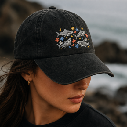 Floral Shark Washed Cap, Ocean Lover Embroidered Hat - Washed Cap - lifestyle view 4