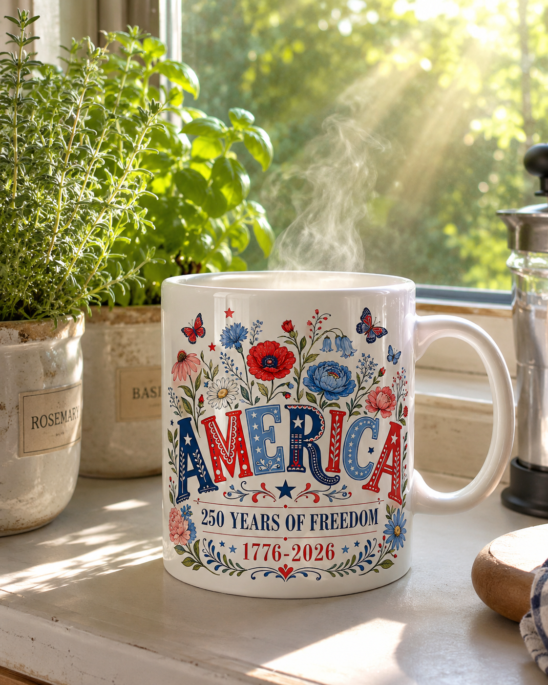 America 250 Years of Freedom Coffee Mug, 1776-2026 Patriotic Floral Gift - Mug - lifestyle view 3