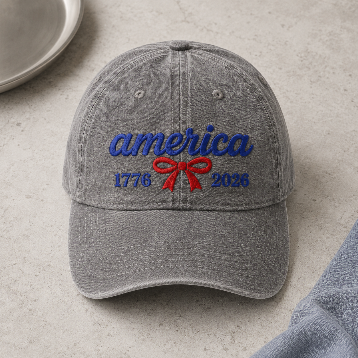 America 1776 2026 Washed Cap, Red Bow Patriotic Dad Hat for 250th Birthday - washed cap - lifestyle view 3