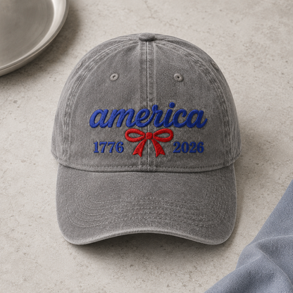 America 1776 2026 Washed Cap, Red Bow Patriotic Dad Hat for 250th Birthday - washed cap - lifestyle view 3