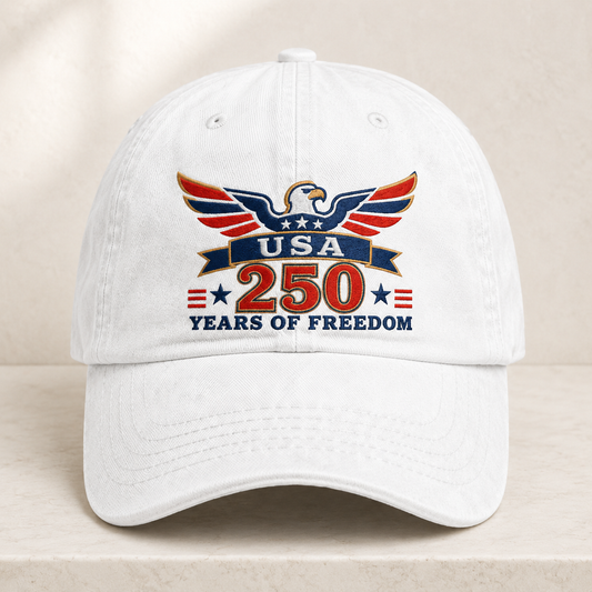 USA 250 Years of Freedom Washed Cap, Patriotic Eagle Hat for America 250th Anniversary - washed cap - front view