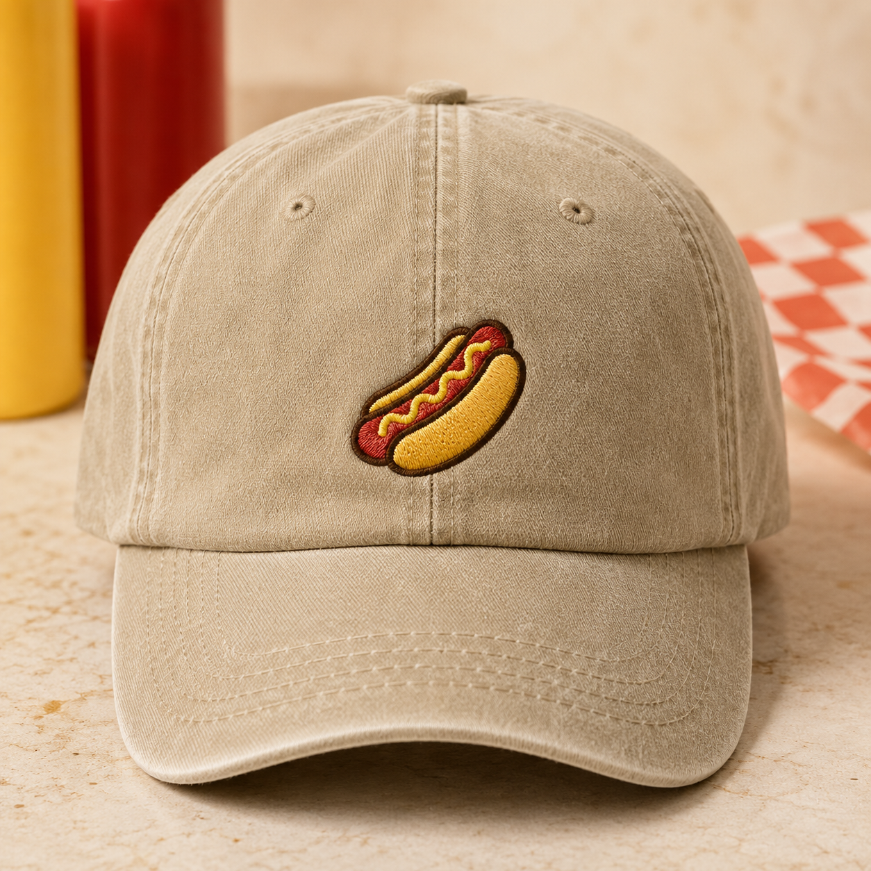 Hot Dog Embroidered Washed Cap, Baseball Hat for Cookout Fans - Washed Cap - detail view