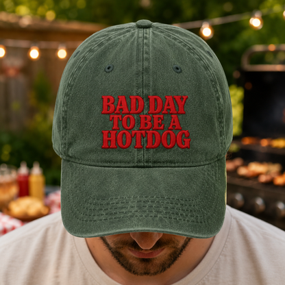 Bad Day to Be a Hotdog Washed Cap, Funny Hot Dog Quote Hat for Bbq Cookouts - washed cap - lifestyle view 6
