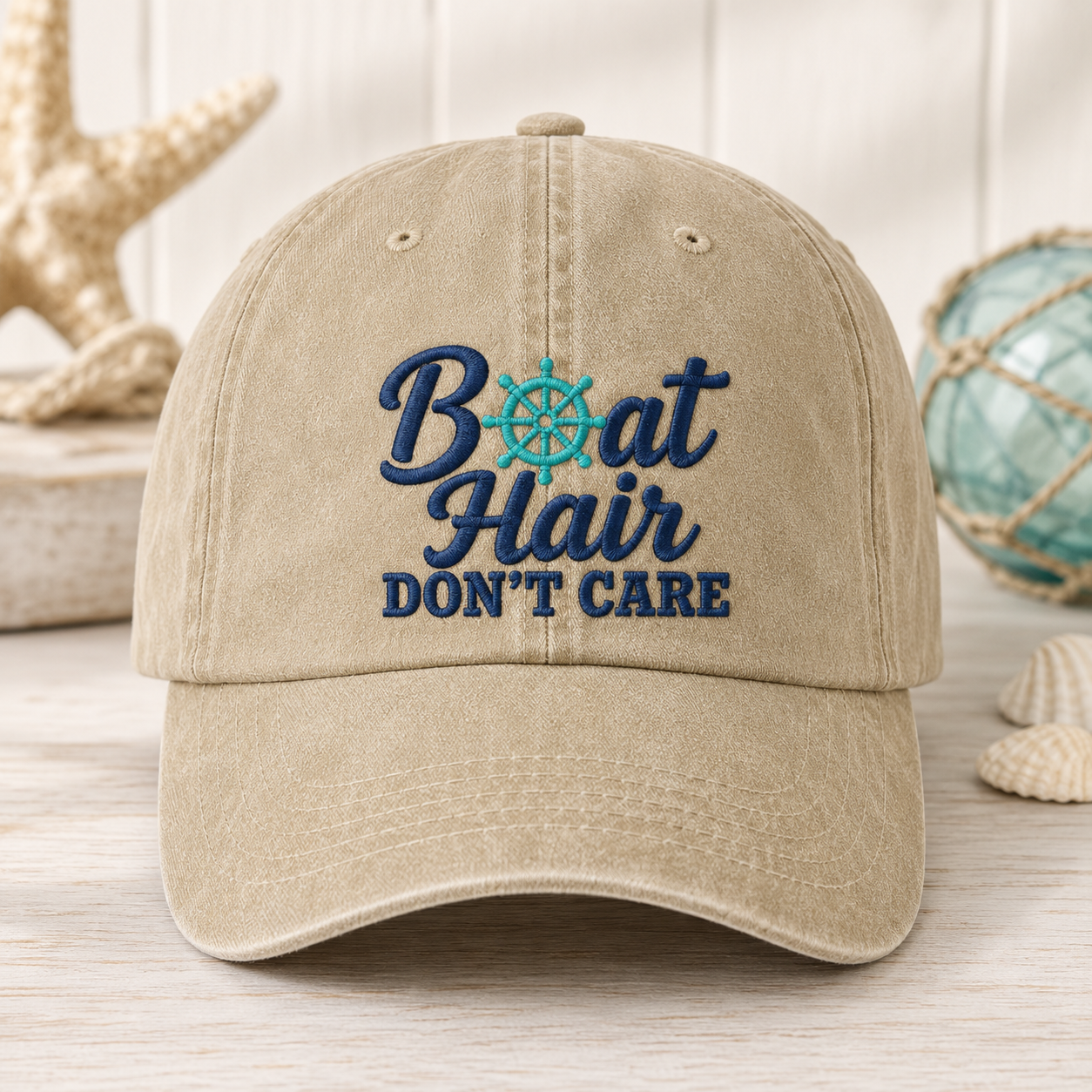 Boat Hair Don't Care Washed Cap, Nautical Embroidered Hat for Lake Days - Washed Cap - front view