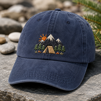 Mountain Camping Embroidered Washed Cap, Outdoor Adventure Hat - Washed Cap - detail view