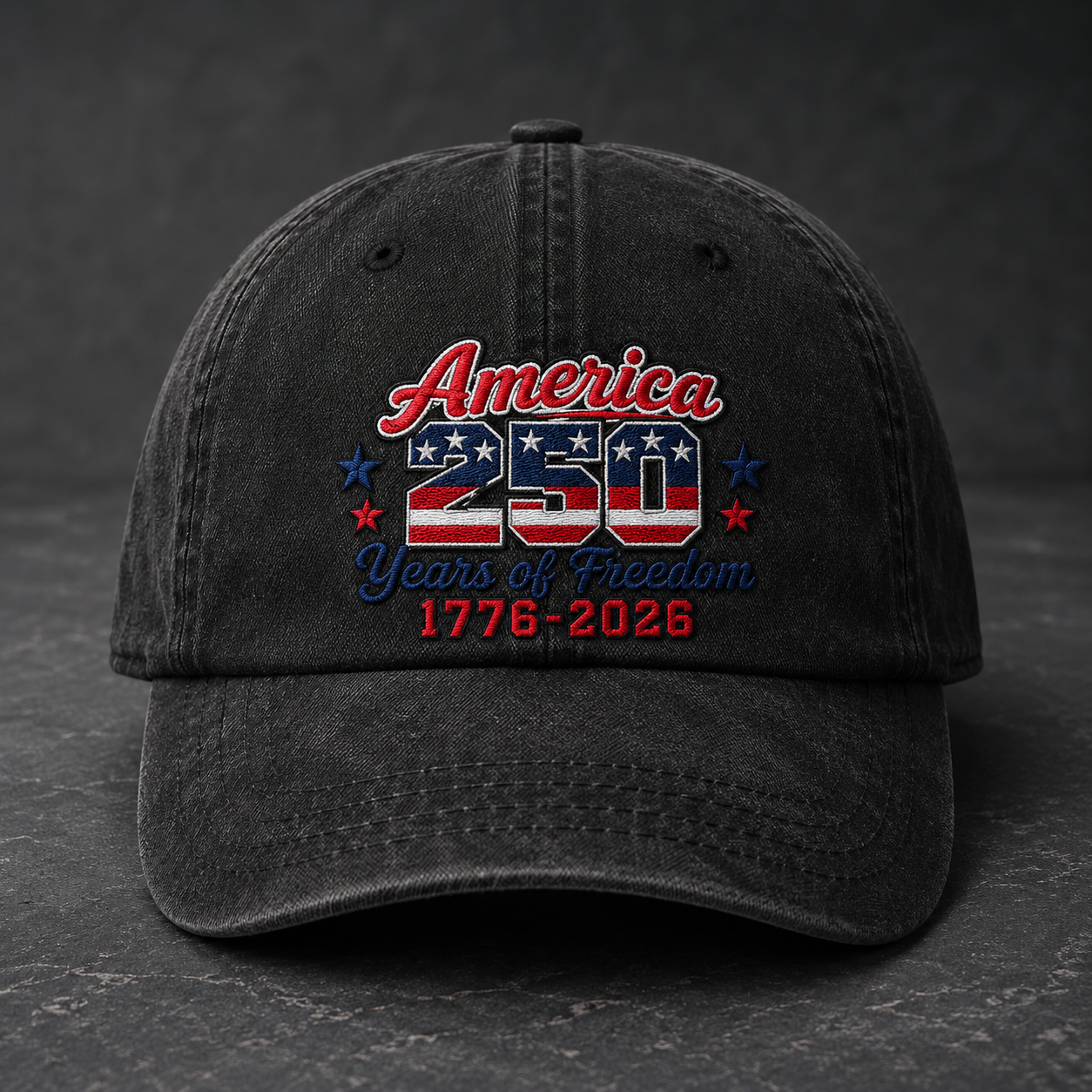 USA 250th Birthday Washed Cap, America 250 Years of Freedom 1776-2026 Patriotic Hat - washed cap - front view