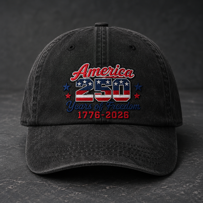 USA 250th Birthday Washed Cap, America 250 Years of Freedom 1776-2026 Patriotic Hat - washed cap - front view