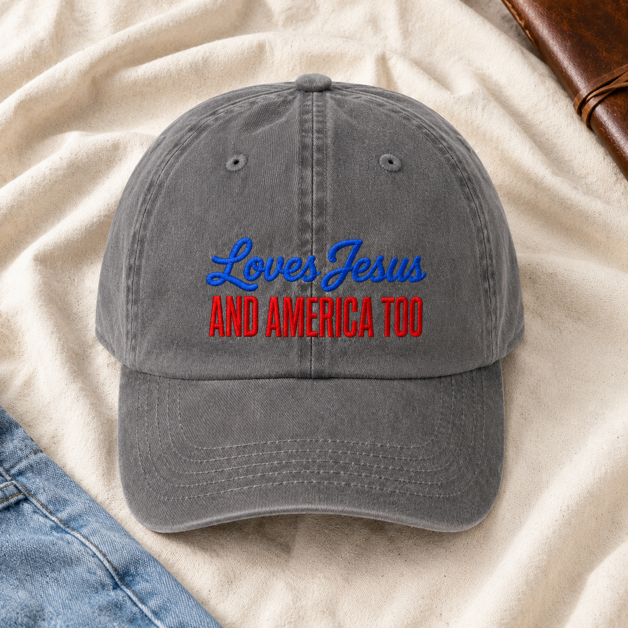 Loves Jesus And America Too Washed Cap, Patriotic Christian Hat Gift - washed cap - lifestyle view 4