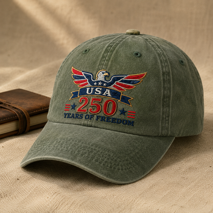 USA 250 Years of Freedom Washed Cap, Patriotic Eagle Hat for America 250th Anniversary - washed cap - lifestyle view 5