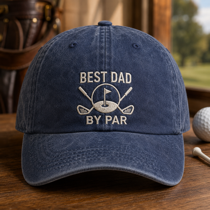 Best Dad By Par Washed Cap, Embroidered Golf Hat for Father's Day - Washed Cap - front view