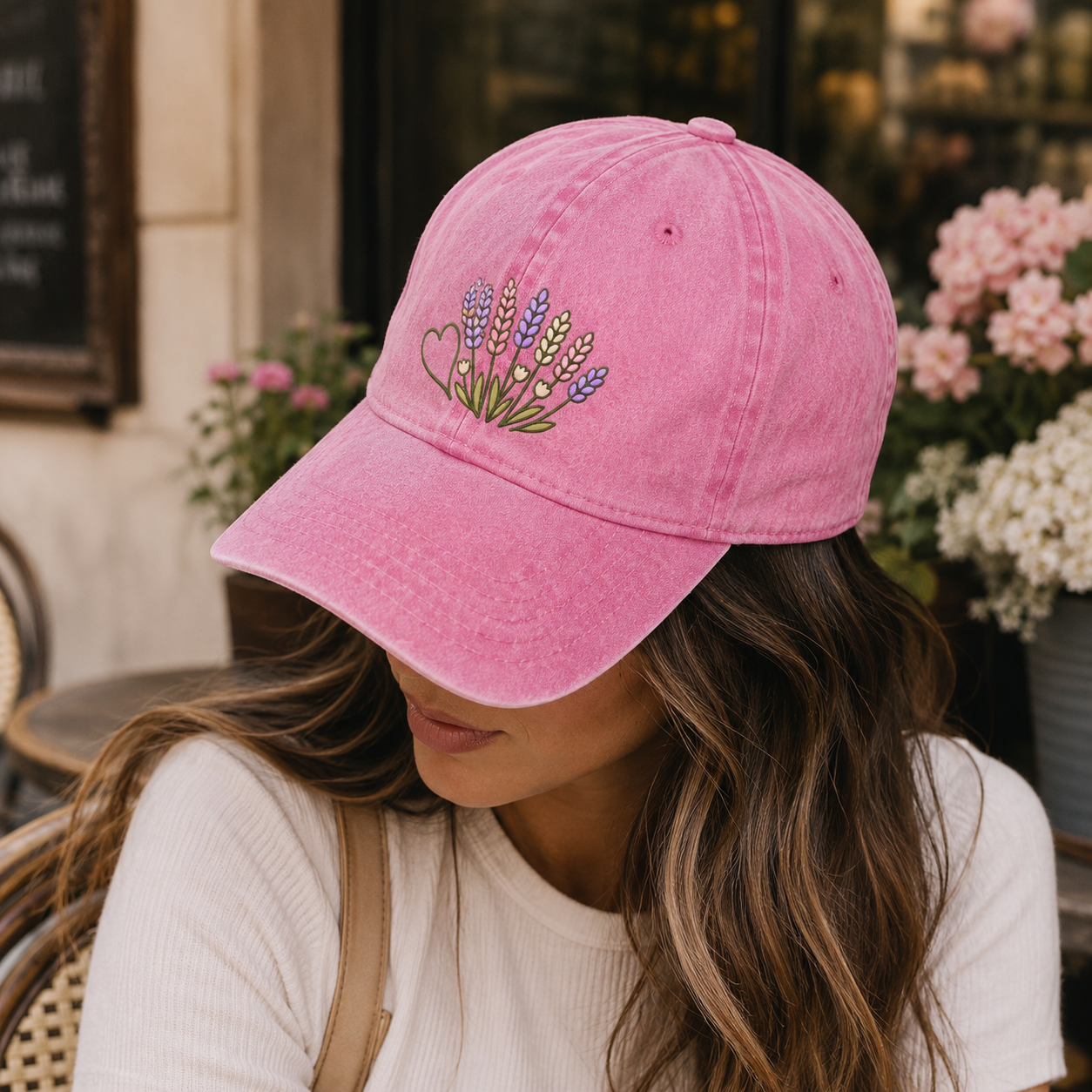 Lavender Wildflower Washed Cap, Embroidered Floral Hat for Garden Lovers - washed cap - detail view