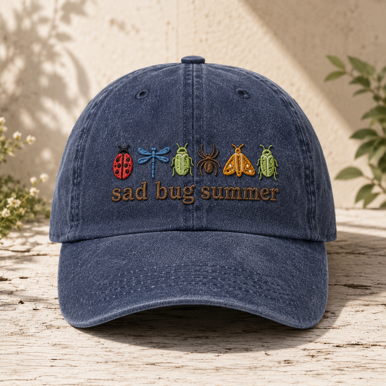 Sad Bug Summer Washed Cap, Embroidered Insect Baseball Hat - Washed Cap - front view