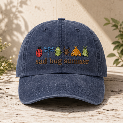 Sad Bug Summer Washed Cap, Embroidered Insect Baseball Hat - Washed Cap - front view