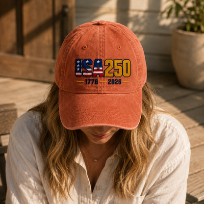 USA250 Washed Cap, 1776 2026 Patriotic America 250 Hat - washed cap - lifestyle view 9
