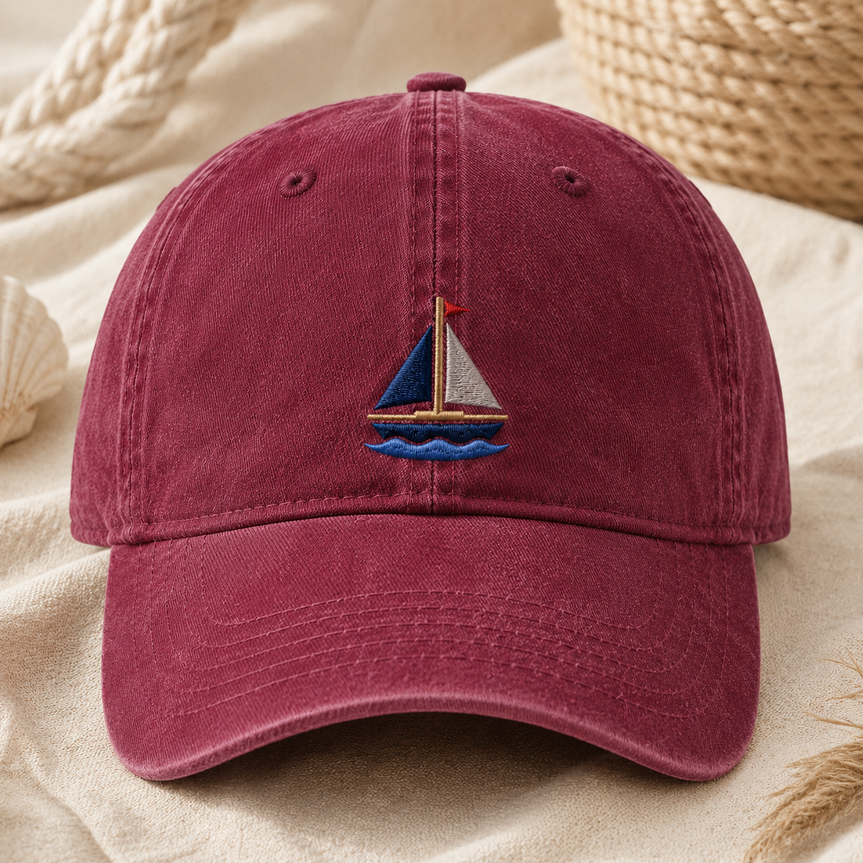 Embroidered Sailboat Washed Cap, Nautical Beach Hat for Boaters - Washed Cap - lifestyle view 2
