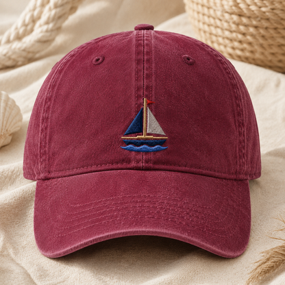 Embroidered Sailboat Washed Cap, Nautical Beach Hat for Boaters - Washed Cap - lifestyle view 2