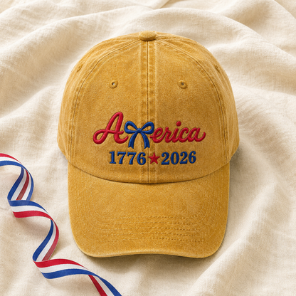 America 1776 2026 Bow Washed Cap, Patriotic Embroidered Hat for USA Birthday - washed cap - lifestyle view 4